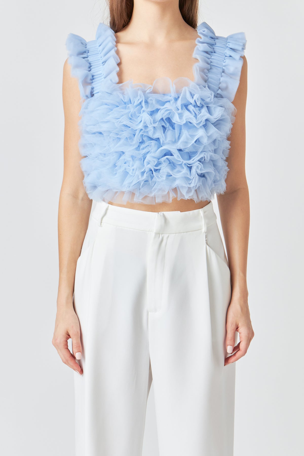 ENDLESS ROSE - Ruffled Shoulder Strap Tulle Top - TOPS available at Objectrare