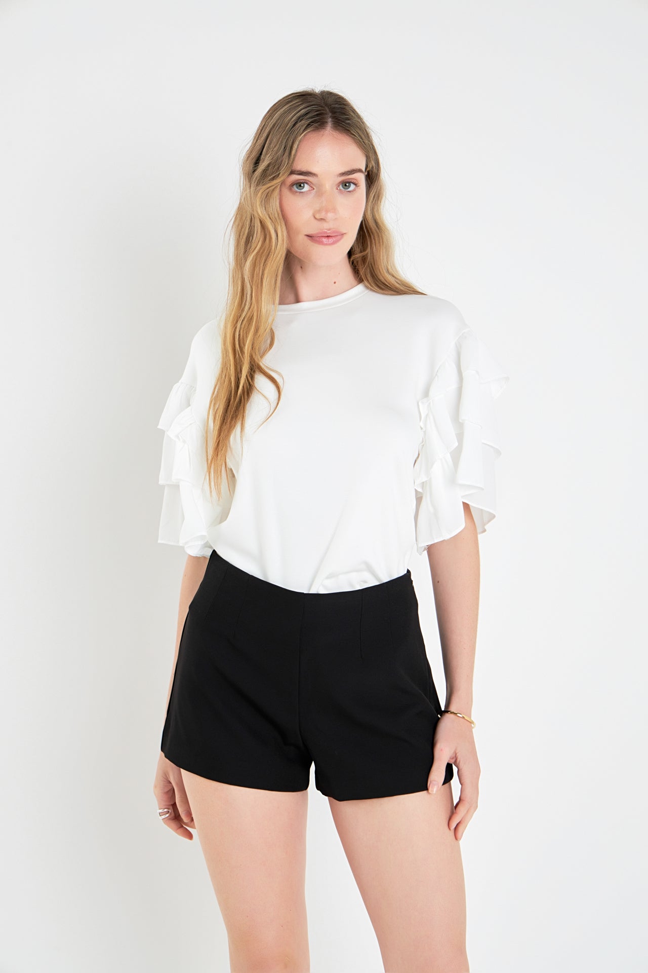 ENGLISH FACTORY - Layered Ruffles Mixed Media Top - TOPS available at Objectrare
