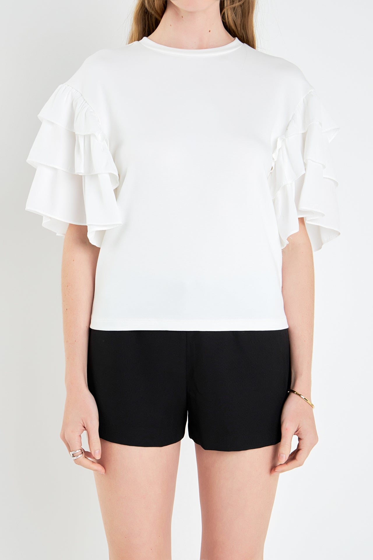 ENGLISH FACTORY - Layered Ruffles Mixed Media Top - TOPS available at Objectrare