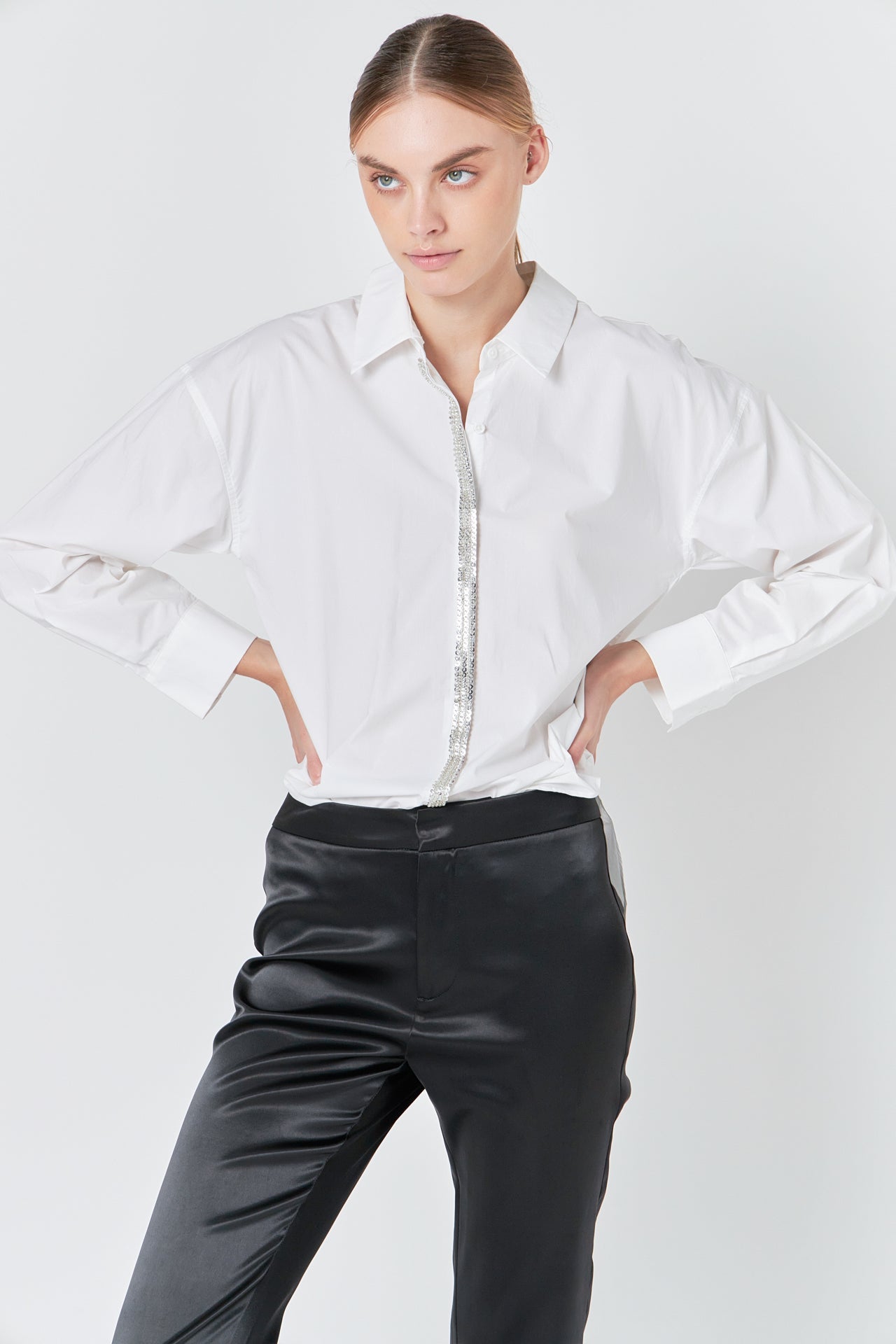 ENDLESS ROSE - Sequin Placket Button-Up Shirt - TOPS available at Objectrare