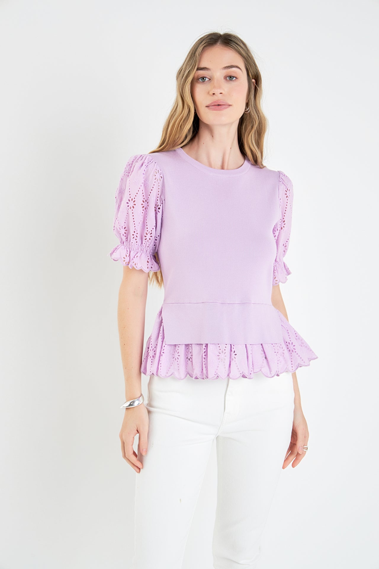ENGLISH FACTORY - Eyelet Mixed Media Knit Top - TOPS available at Objectrare