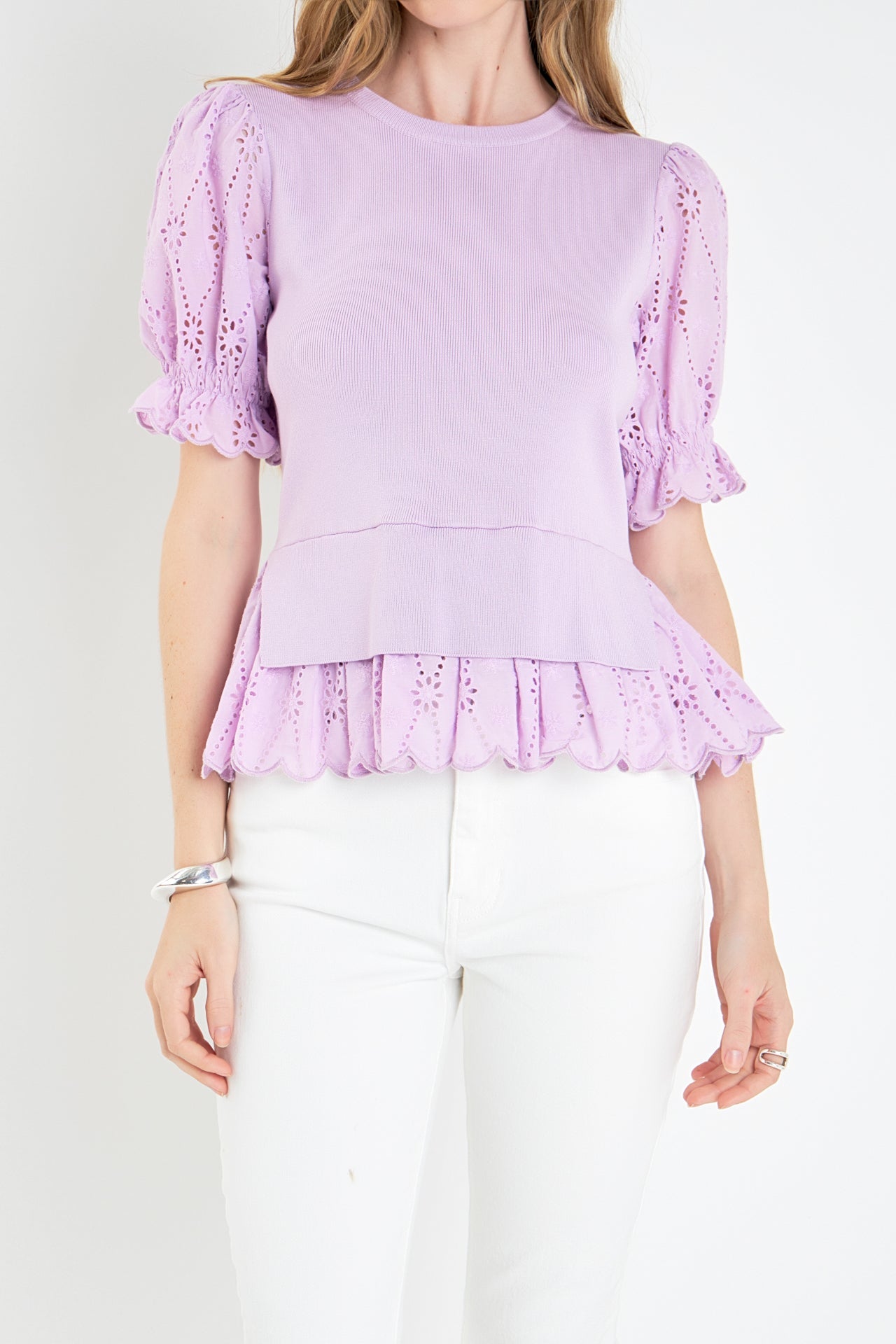 ENGLISH FACTORY - Eyelet Mixed Media Knit Top - TOPS available at Objectrare