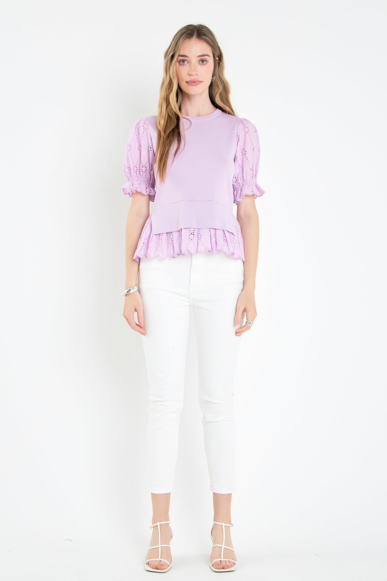 ENGLISH FACTORY - Eyelet Mixed Media Knit Top - TOPS available at Objectrare