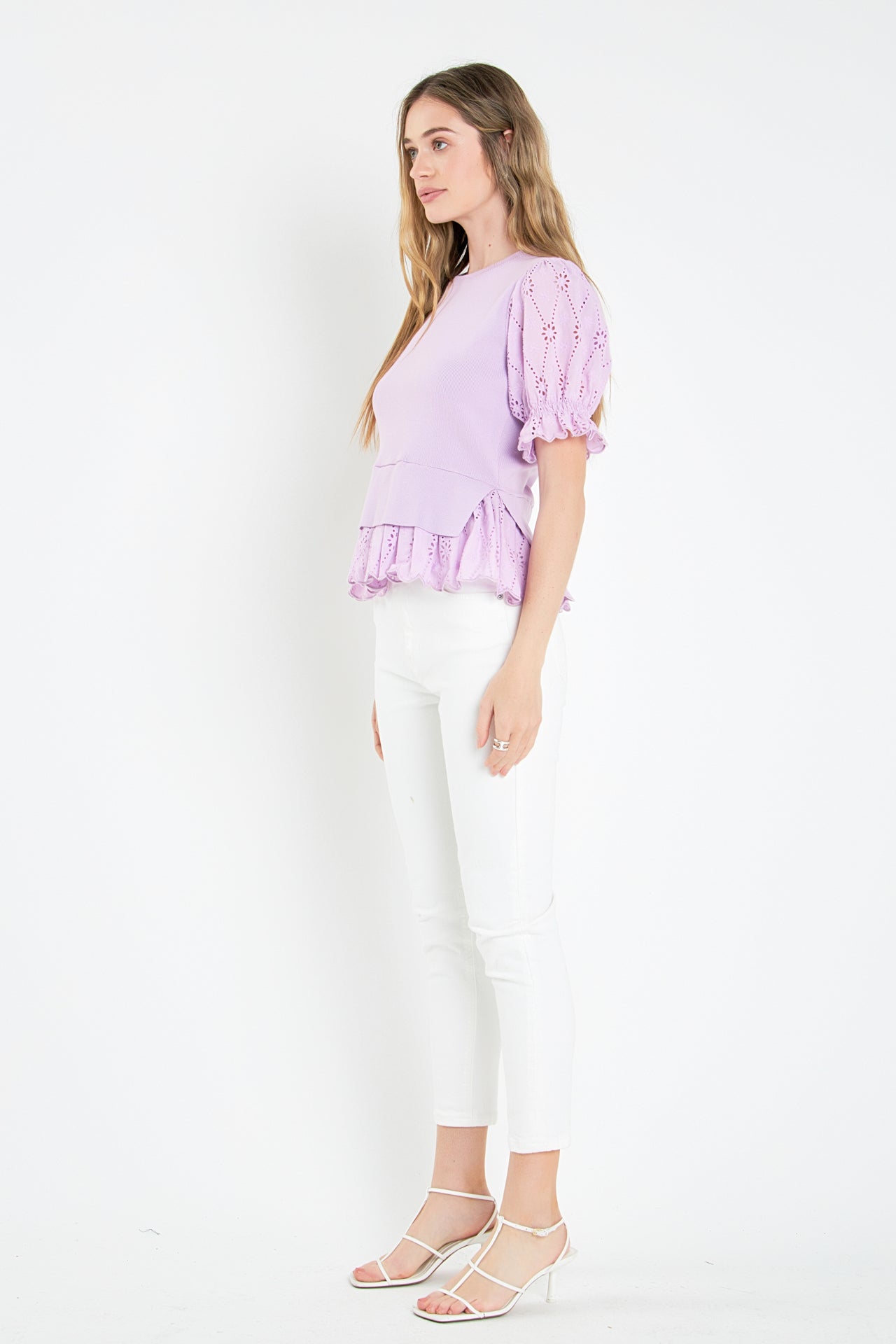 ENGLISH FACTORY - Eyelet Mixed Media Knit Top - TOPS available at Objectrare