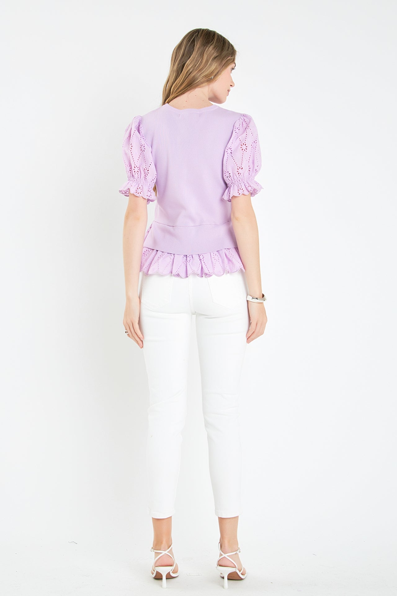ENGLISH FACTORY - Eyelet Mixed Media Knit Top - TOPS available at Objectrare