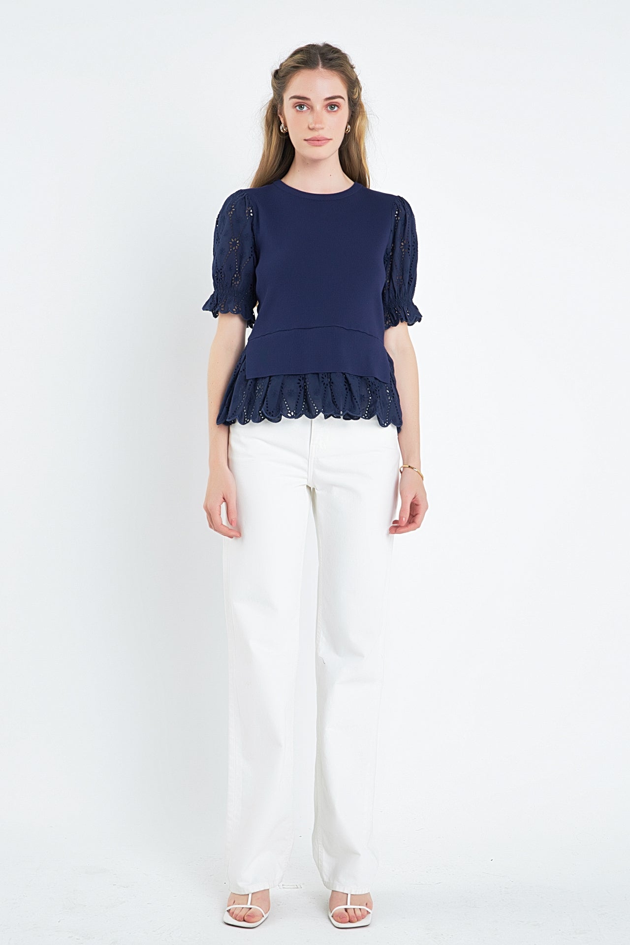 ENGLISH FACTORY - Eyelet Mixed Media Knit Top - TOPS available at Objectrare