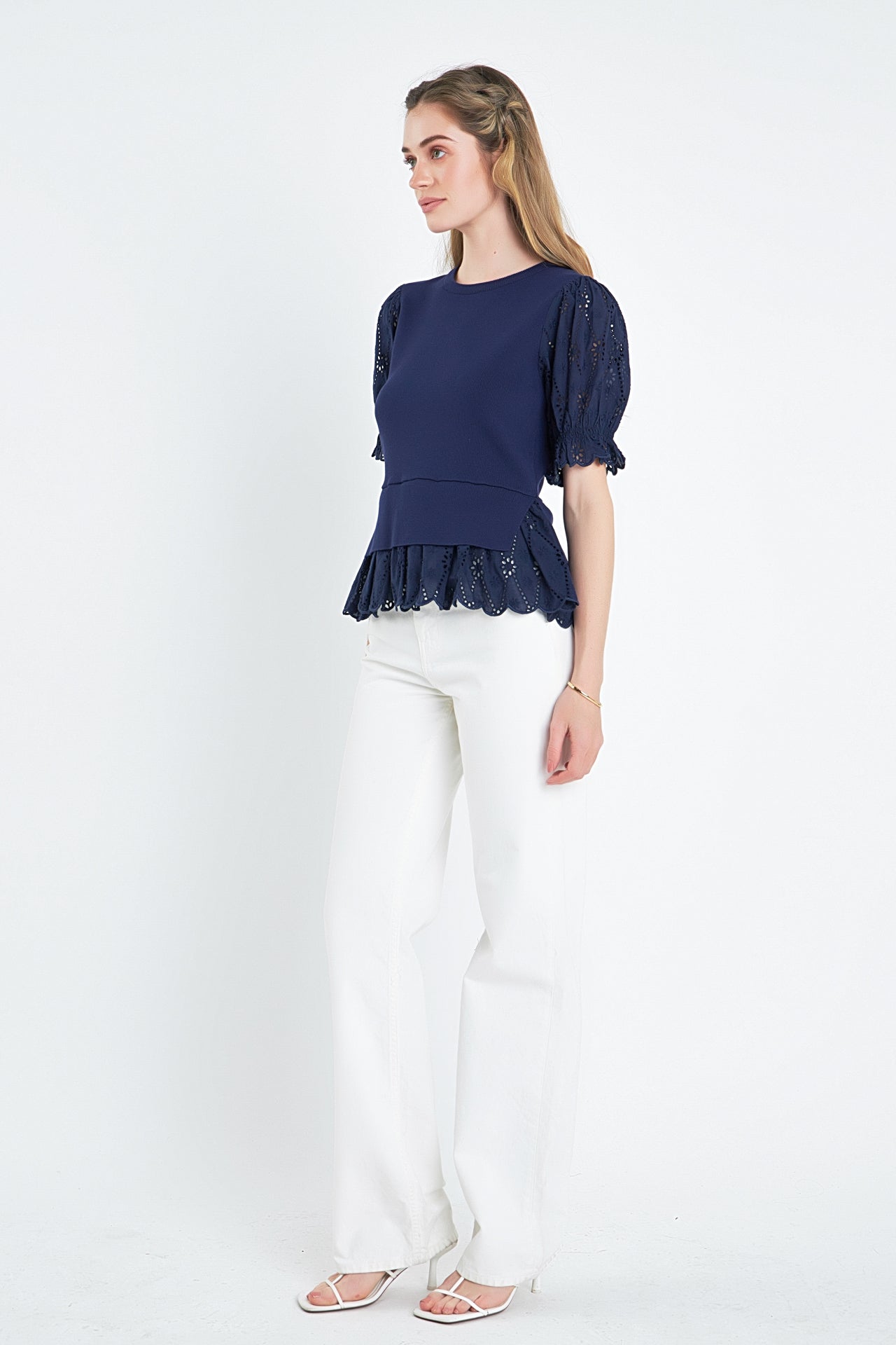 ENGLISH FACTORY - Eyelet Mixed Media Knit Top - TOPS available at Objectrare