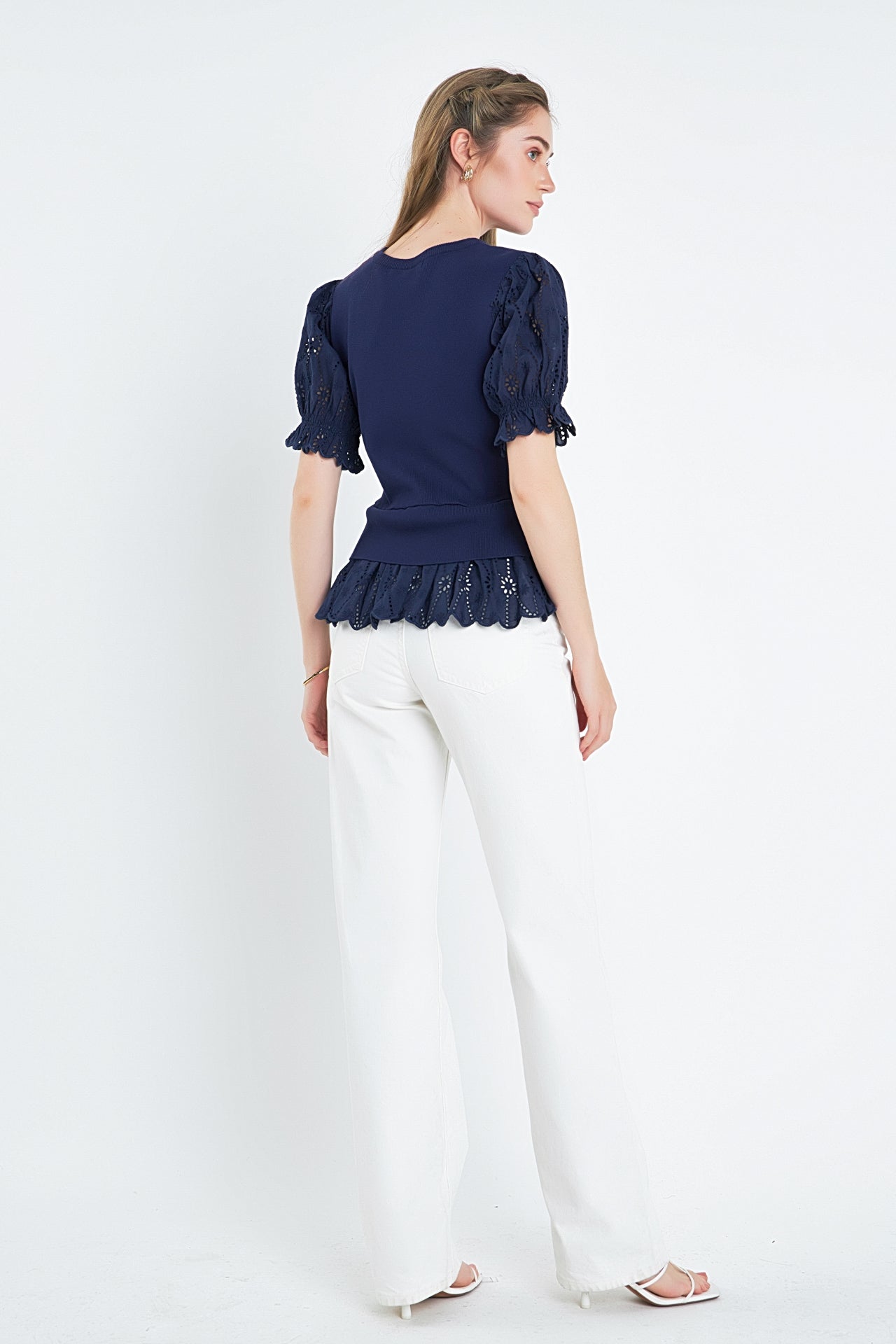 ENGLISH FACTORY - Eyelet Mixed Media Knit Top - TOPS available at Objectrare