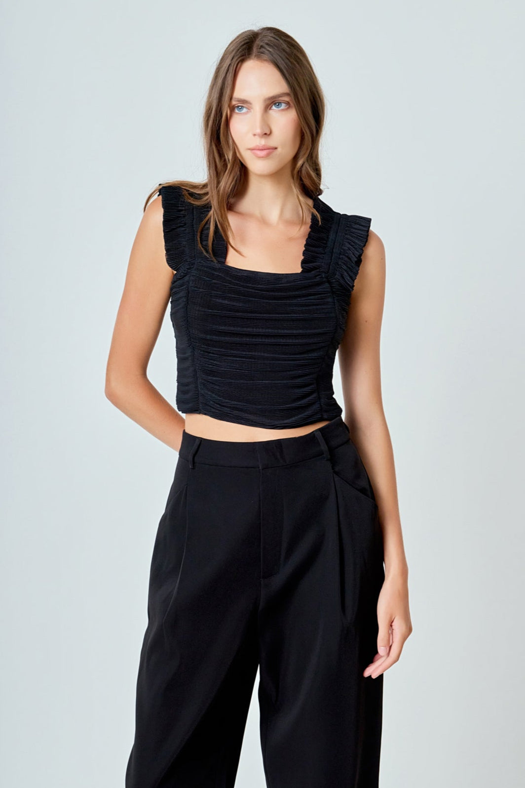 ENDLESS ROSE - Ruffled Pleated Mesh Tank Top - TOPS available at Objectrare
