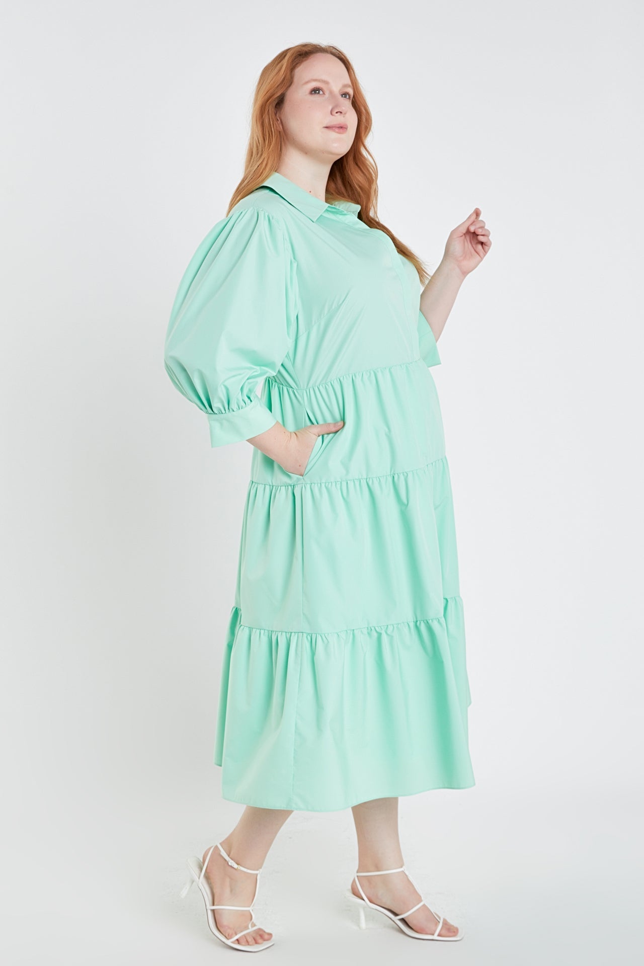 ENGLISH FACTORY - Plus Size V-neckline Puff Sleeve Midi Dress - DRESSES available at Objectrare