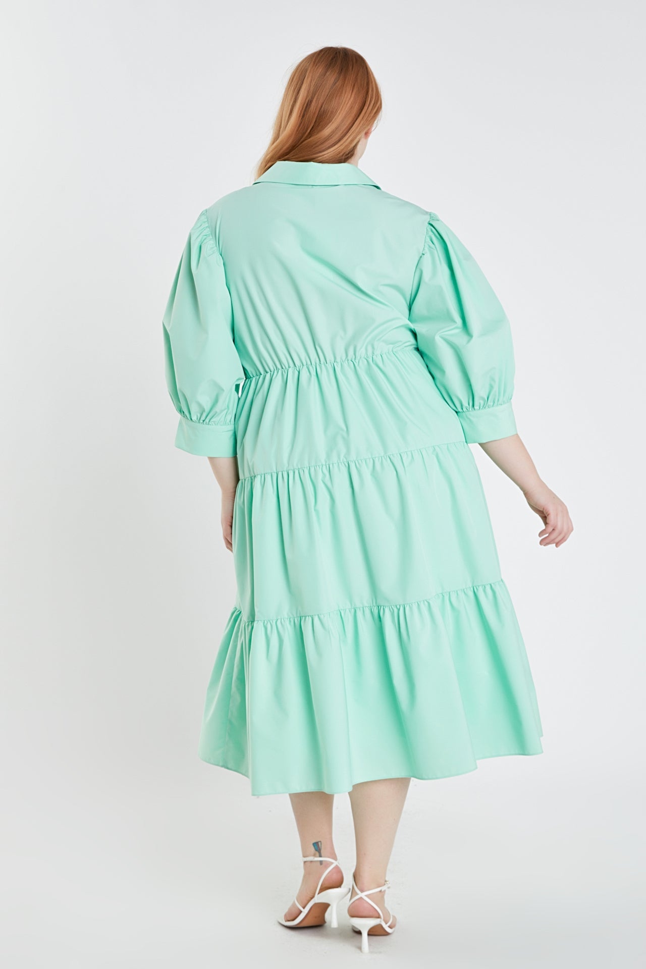 ENGLISH FACTORY - Plus Size V-neckline Puff Sleeve Midi Dress - DRESSES available at Objectrare