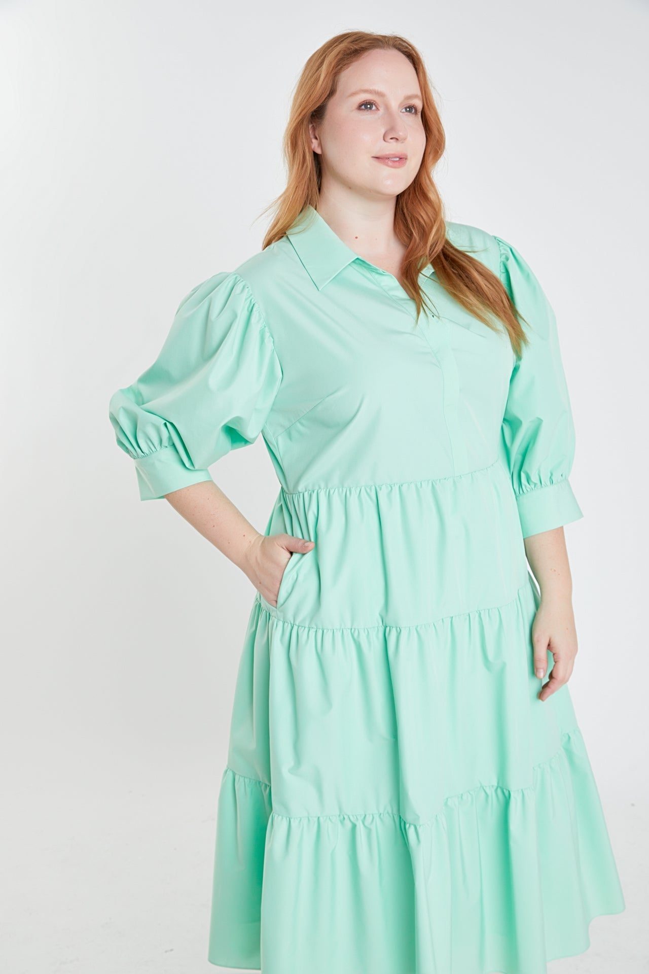 ENGLISH FACTORY - Plus Size V-neckline Puff Sleeve Midi Dress - DRESSES available at Objectrare