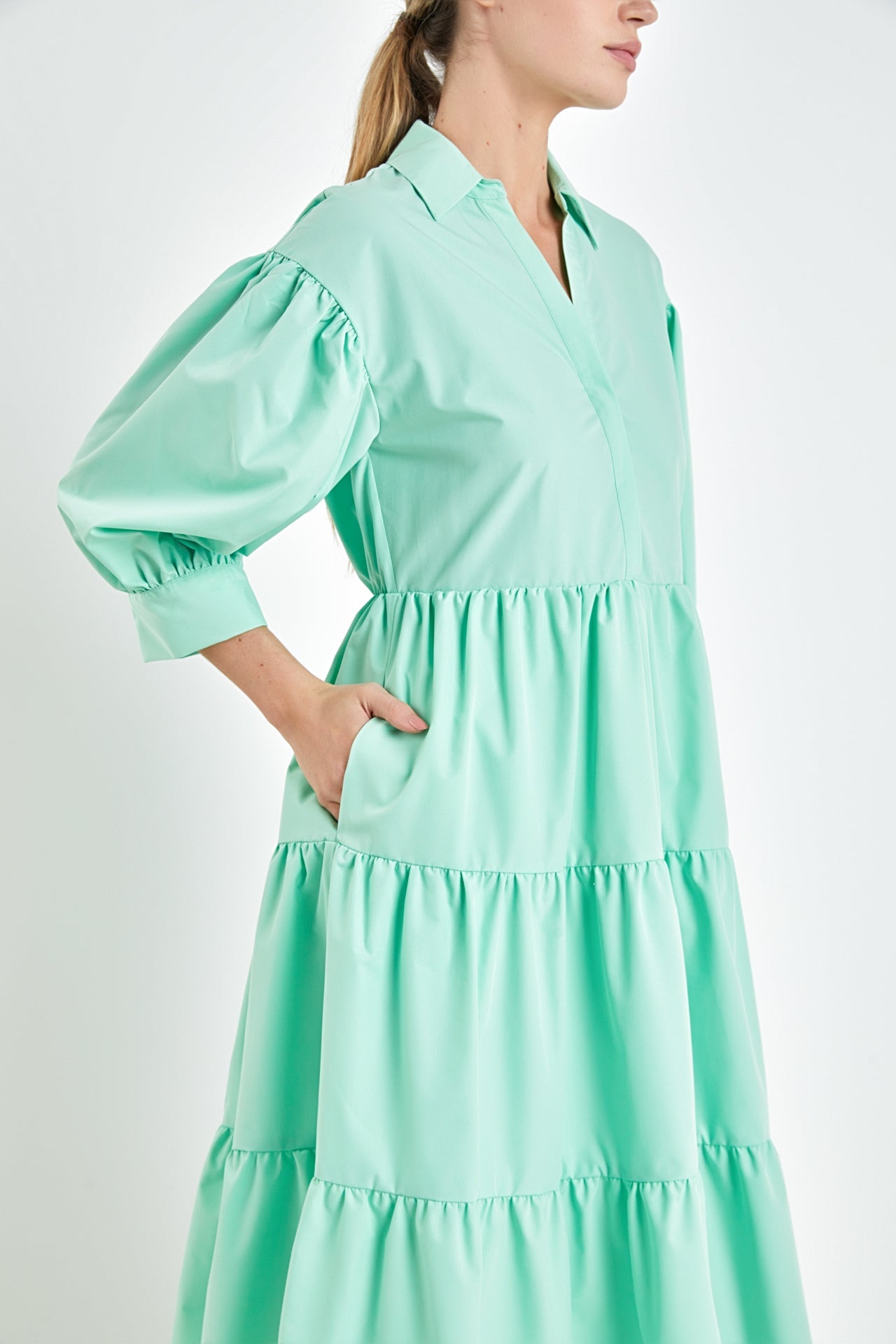 ENGLISH FACTORY - V-neckline Puff Sleeve Midi Dress - DRESSES available at Objectrare