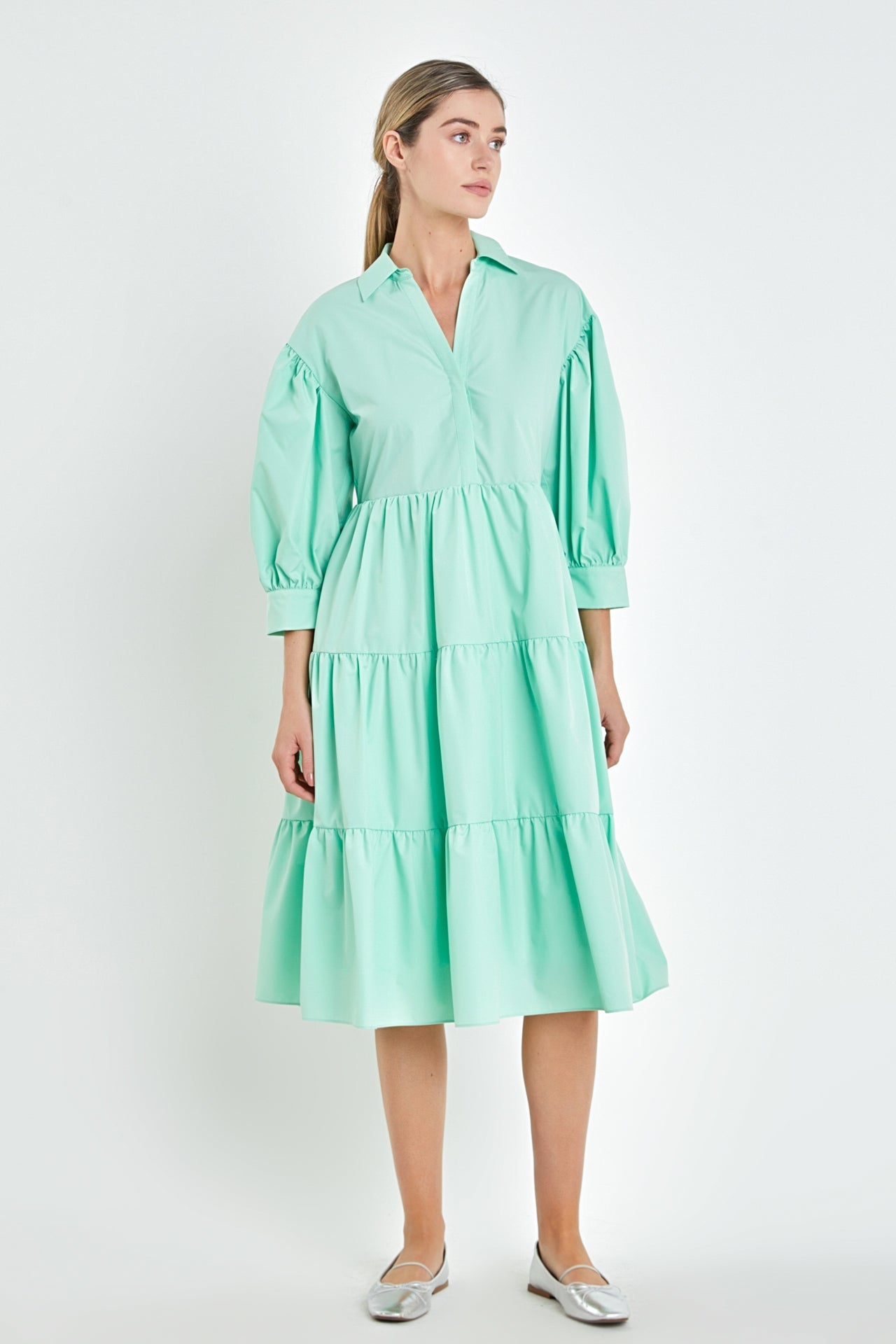 ENGLISH FACTORY - V-neckline Puff Sleeve Midi Dress - DRESSES available at Objectrare