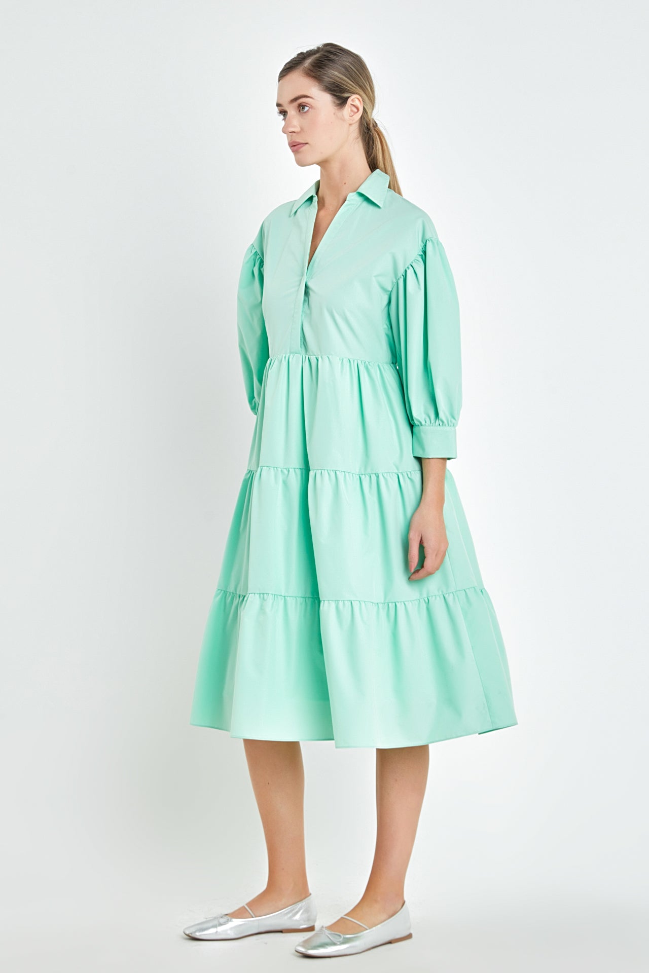 ENGLISH FACTORY - V-neckline Puff Sleeve Midi Dress - DRESSES available at Objectrare