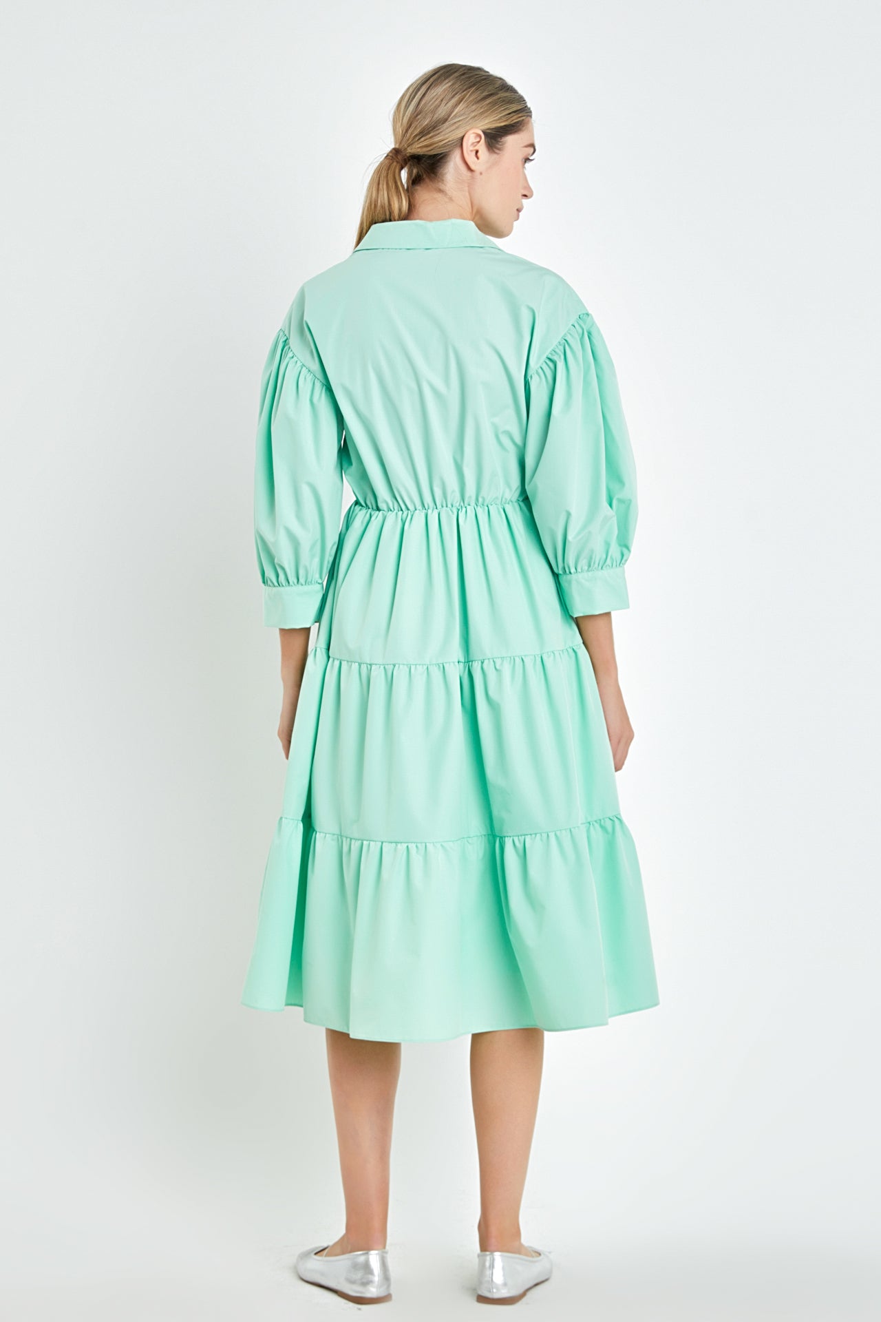 ENGLISH FACTORY - V-neckline Puff Sleeve Midi Dress - DRESSES available at Objectrare
