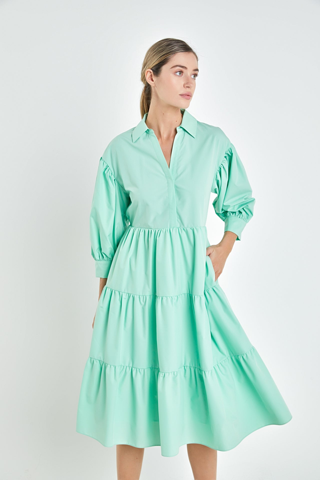ENGLISH FACTORY - V-neckline Puff Sleeve Midi Dress - DRESSES available at Objectrare