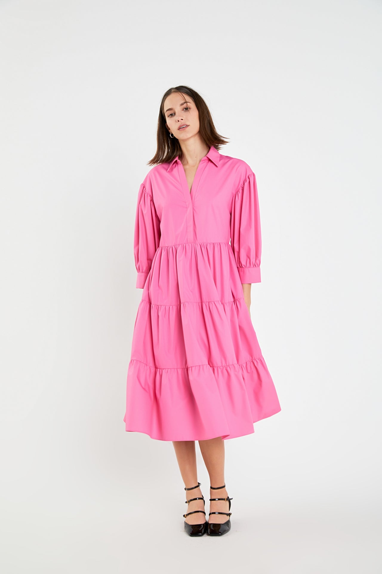 ENGLISH FACTORY - V-neckline Puff Sleeve Midi Dress - DRESSES available at Objectrare