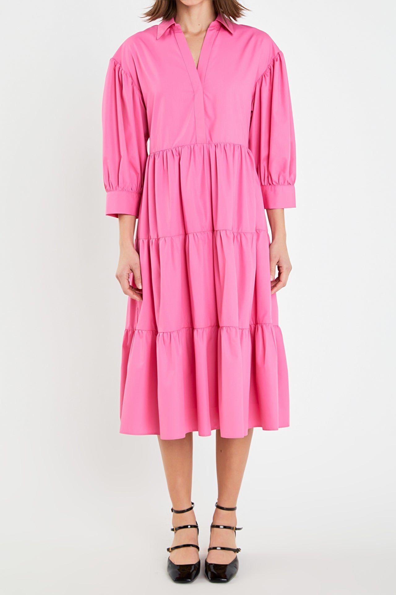 ENGLISH FACTORY - V-neckline Puff Sleeve Midi Dress - DRESSES available at Objectrare