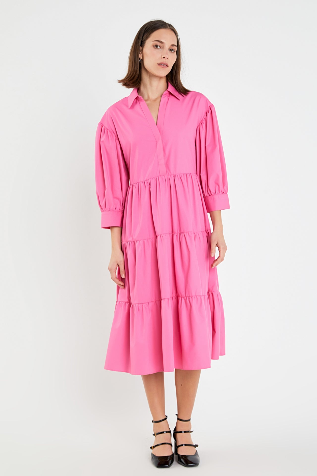 ENGLISH FACTORY - V-neckline Puff Sleeve Midi Dress - DRESSES available at Objectrare