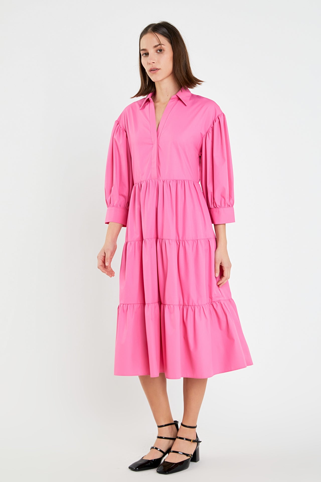 ENGLISH FACTORY - V-neckline Puff Sleeve Midi Dress - DRESSES available at Objectrare