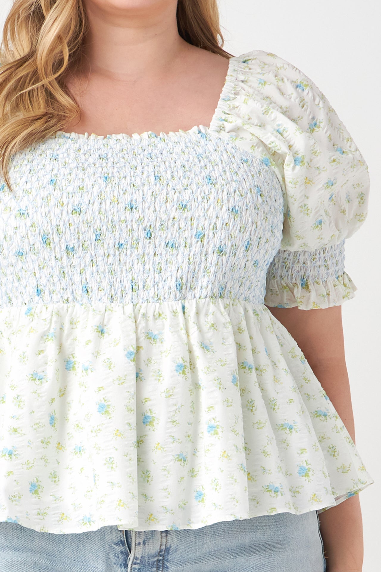 ENGLISH FACTORY - Plus Size Smocked Floral Puff Sleeve Top - TOPS available at Objectrare