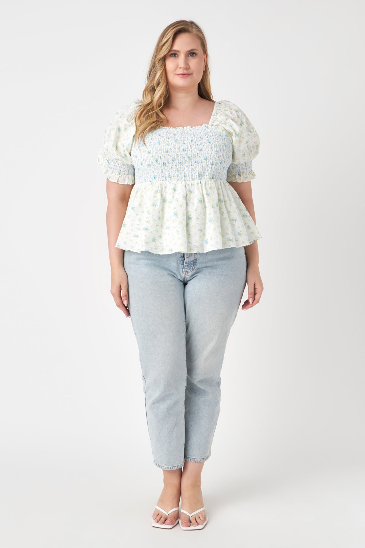 ENGLISH FACTORY - Plus Size Smocked Floral Puff Sleeve Top - TOPS available at Objectrare