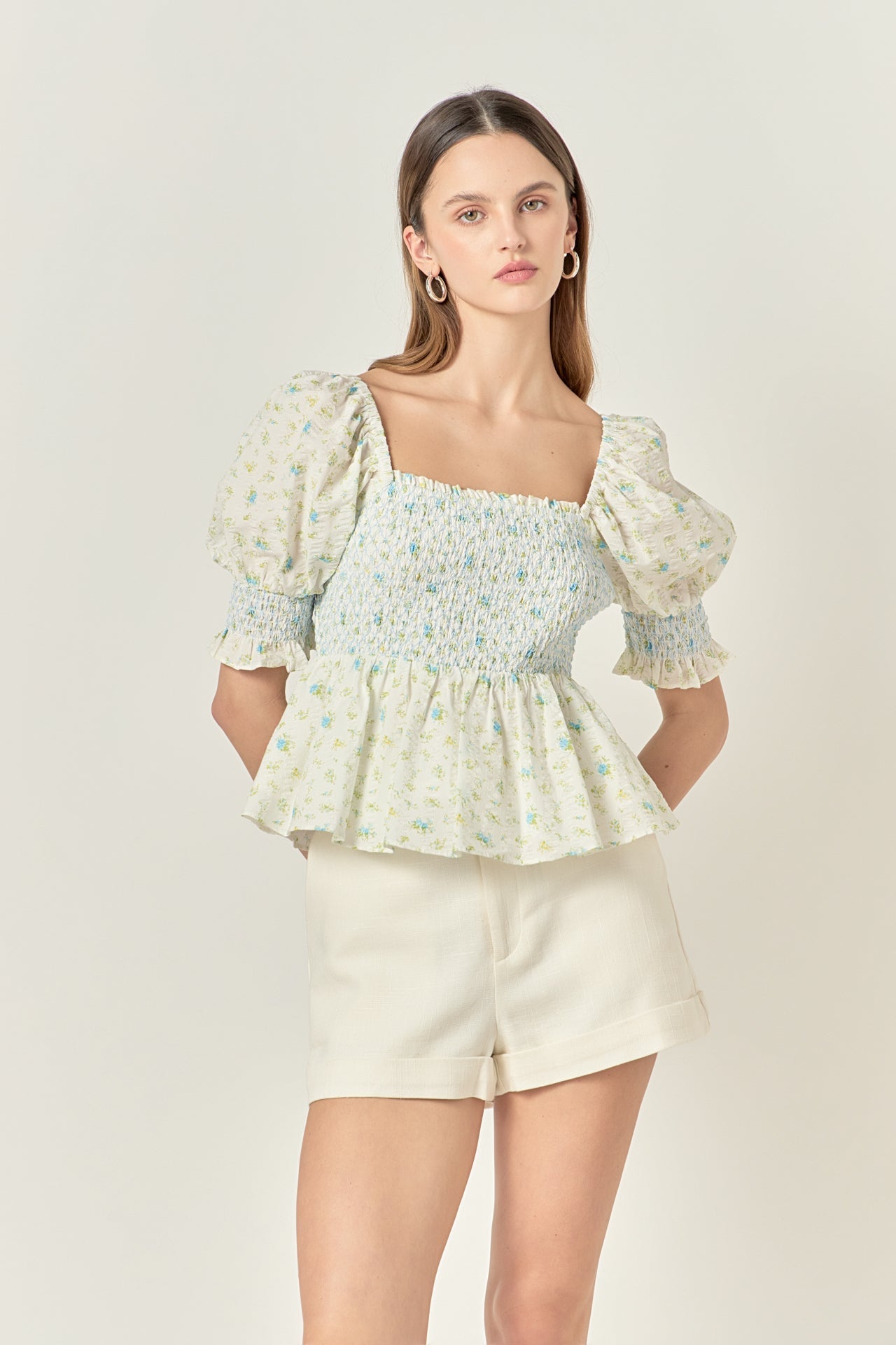 ENGLISH FACTORY - Smocked Floral Puff Sleeve Top - TOPS available at Objectrare