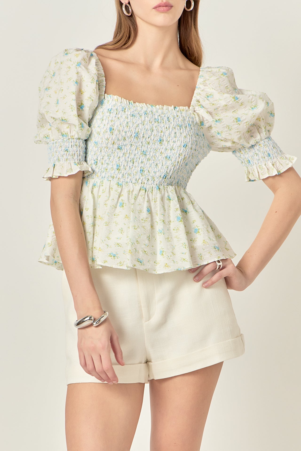 ENGLISH FACTORY - Smocked Floral Puff Sleeve Top - TOPS available at Objectrare