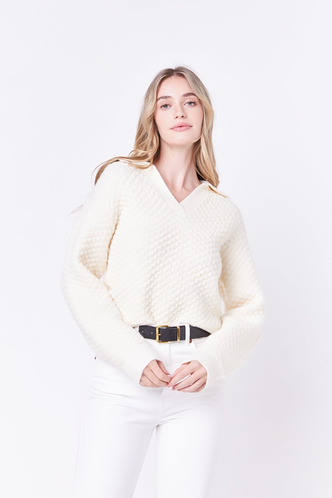 ENGLISH FACTORY - Textured V-neckline Sweater - SWEATERS & KNITS available at Objectrare
