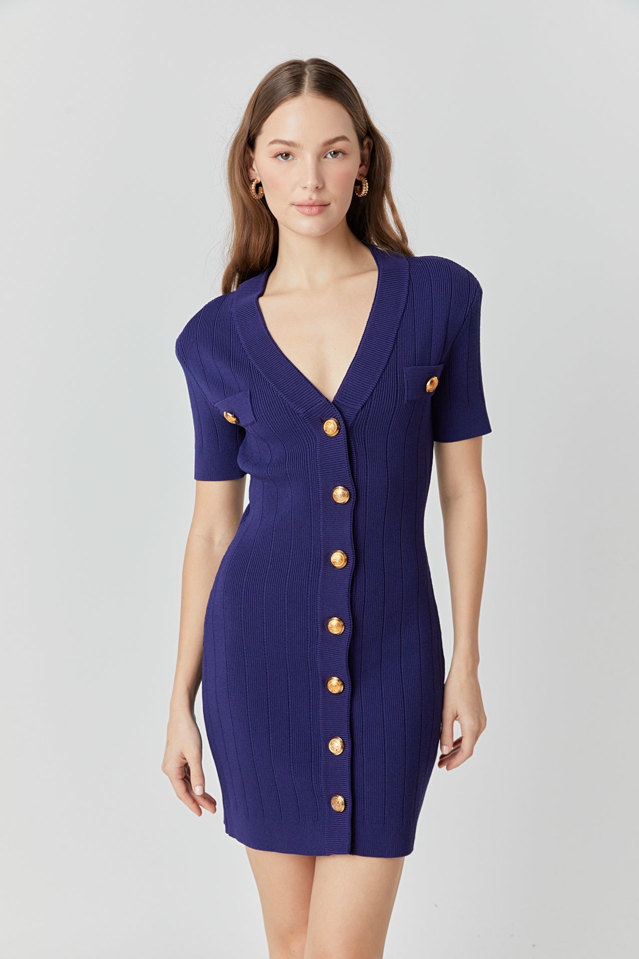 ENDLESS ROSE - Shank Button V-neckline Knit Mini Dress - DRESSES available at Objectrare