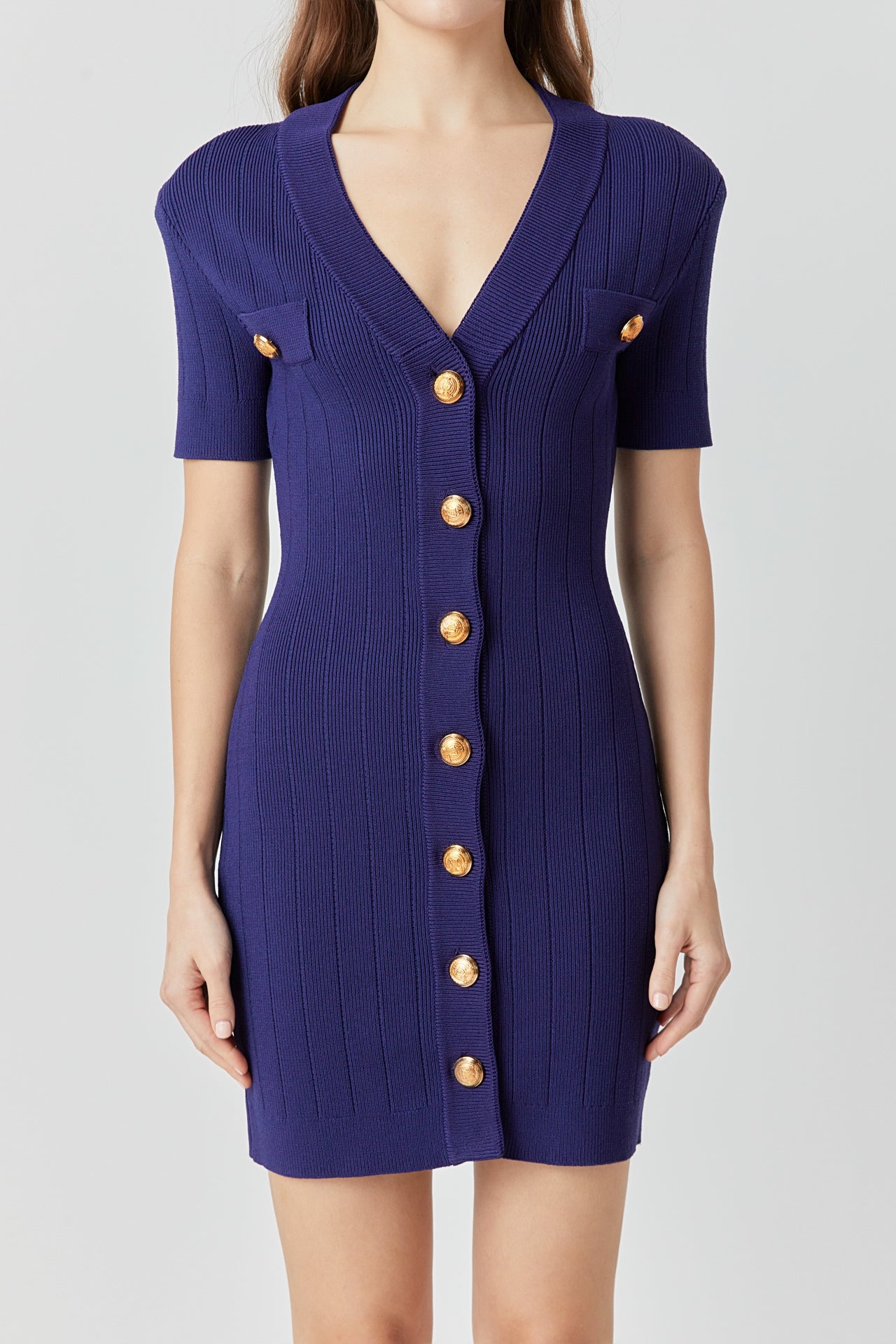 ENDLESS ROSE - Shank Button V-neckline Knit Mini Dress - DRESSES available at Objectrare