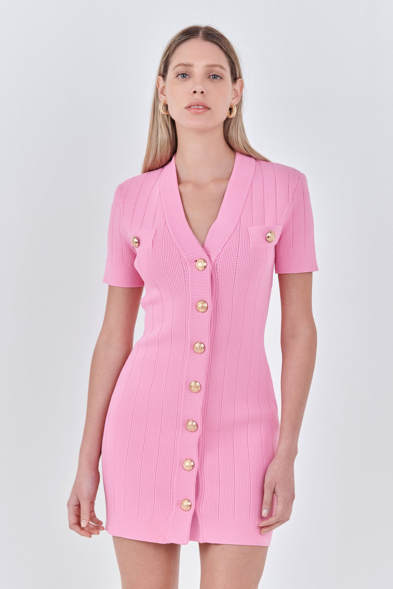 ENDLESS ROSE - Shank Button V-neckline Knit Mini Dress - DRESSES available at Objectrare