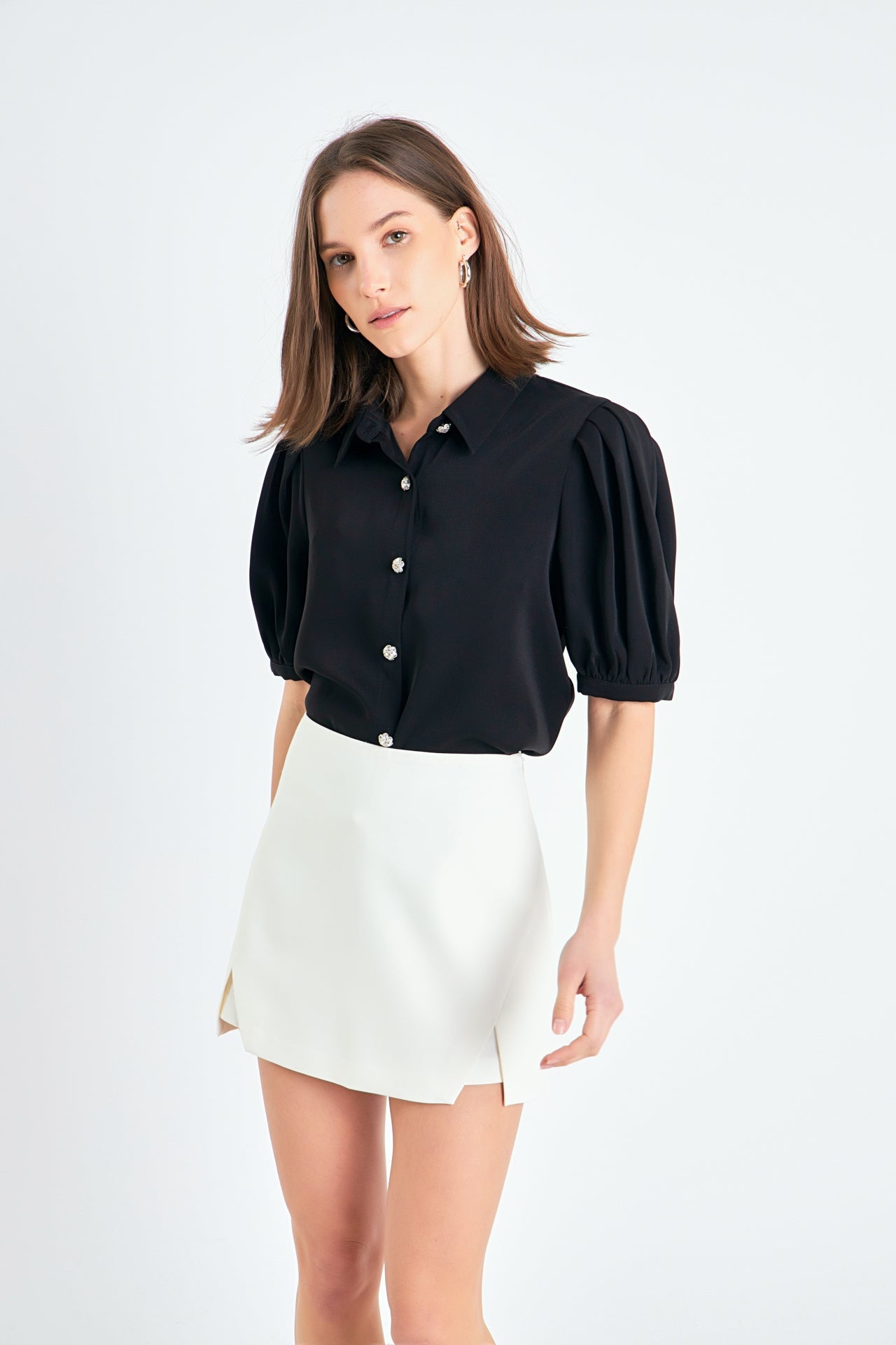 ENGLISH FACTORY - Jewel Button Puff Sleeve Top - SHIRTS & BLOUSES available at Objectrare
