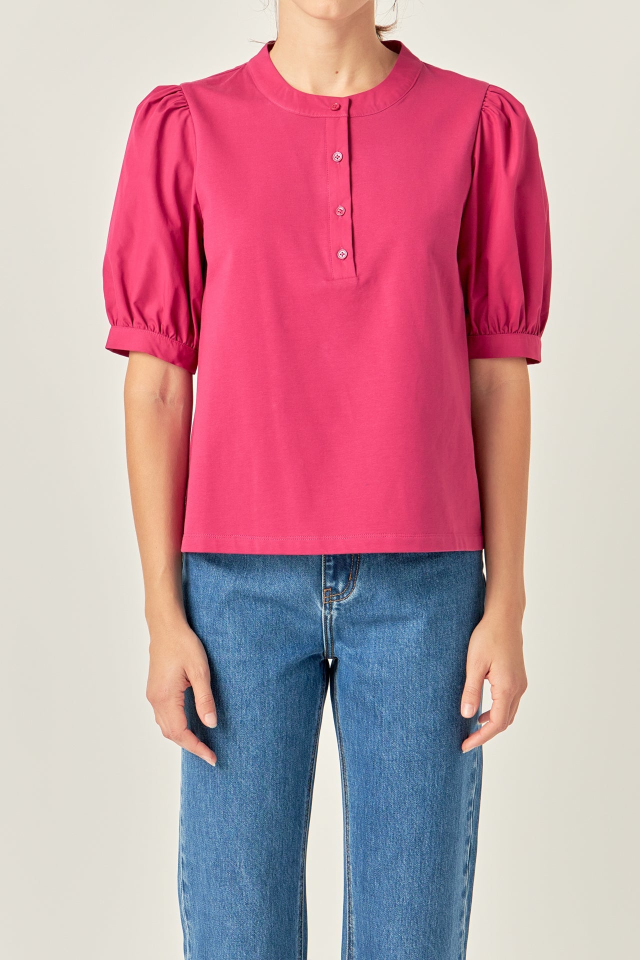 ENGLISH FACTORY - Mixed Media Puff Sleeve Top - TOPS available at Objectrare