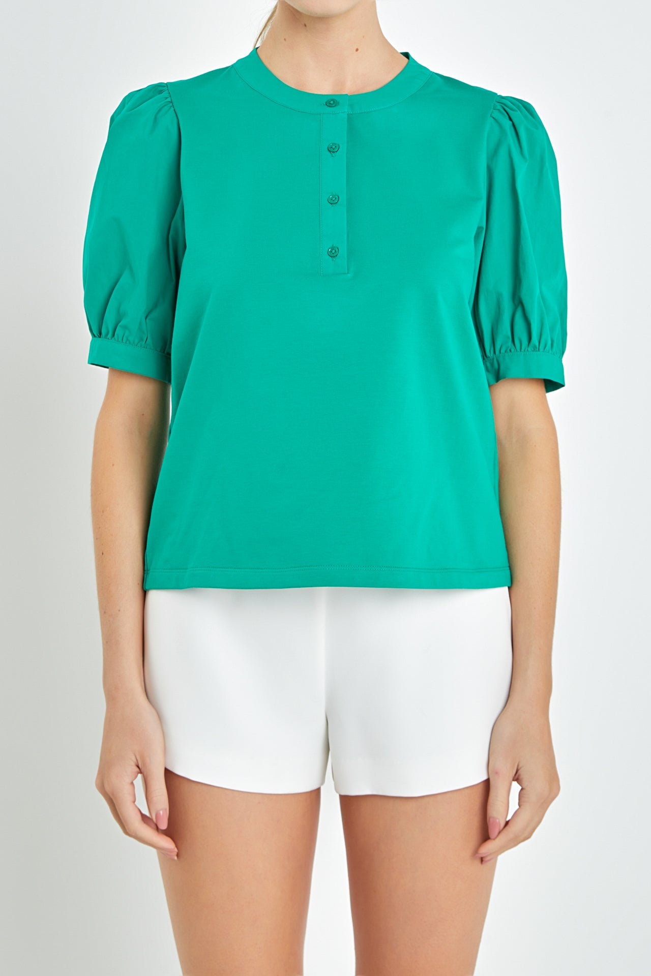 ENGLISH FACTORY - Mixed Media Puff Sleeve Top - TOPS available at Objectrare