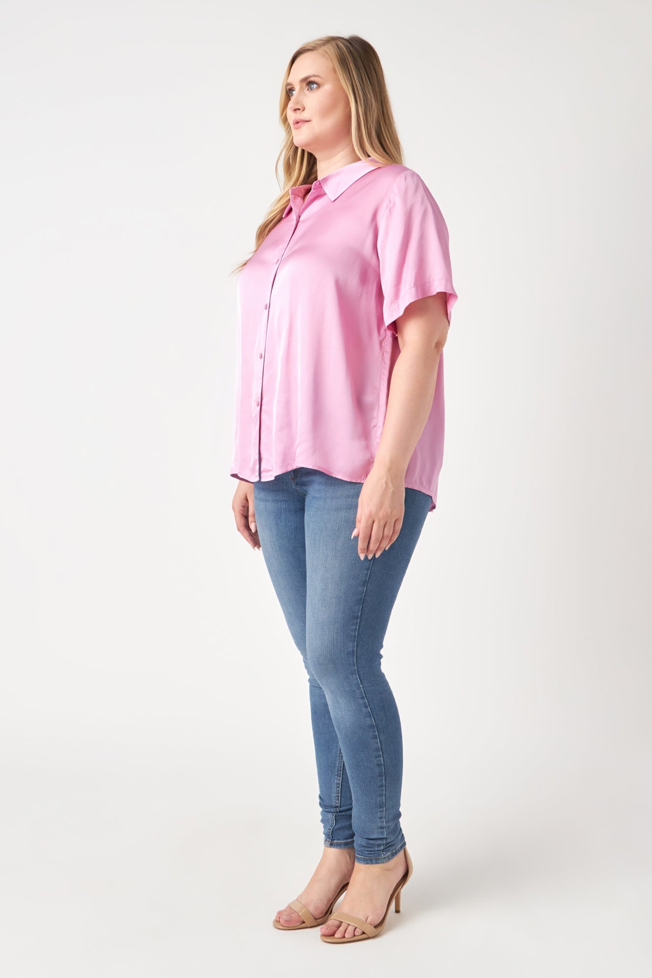 ENGLISH FACTORY - Plus Size Satin Short Sleeve Shirt - SHIRTS & BLOUSES available at Objectrare