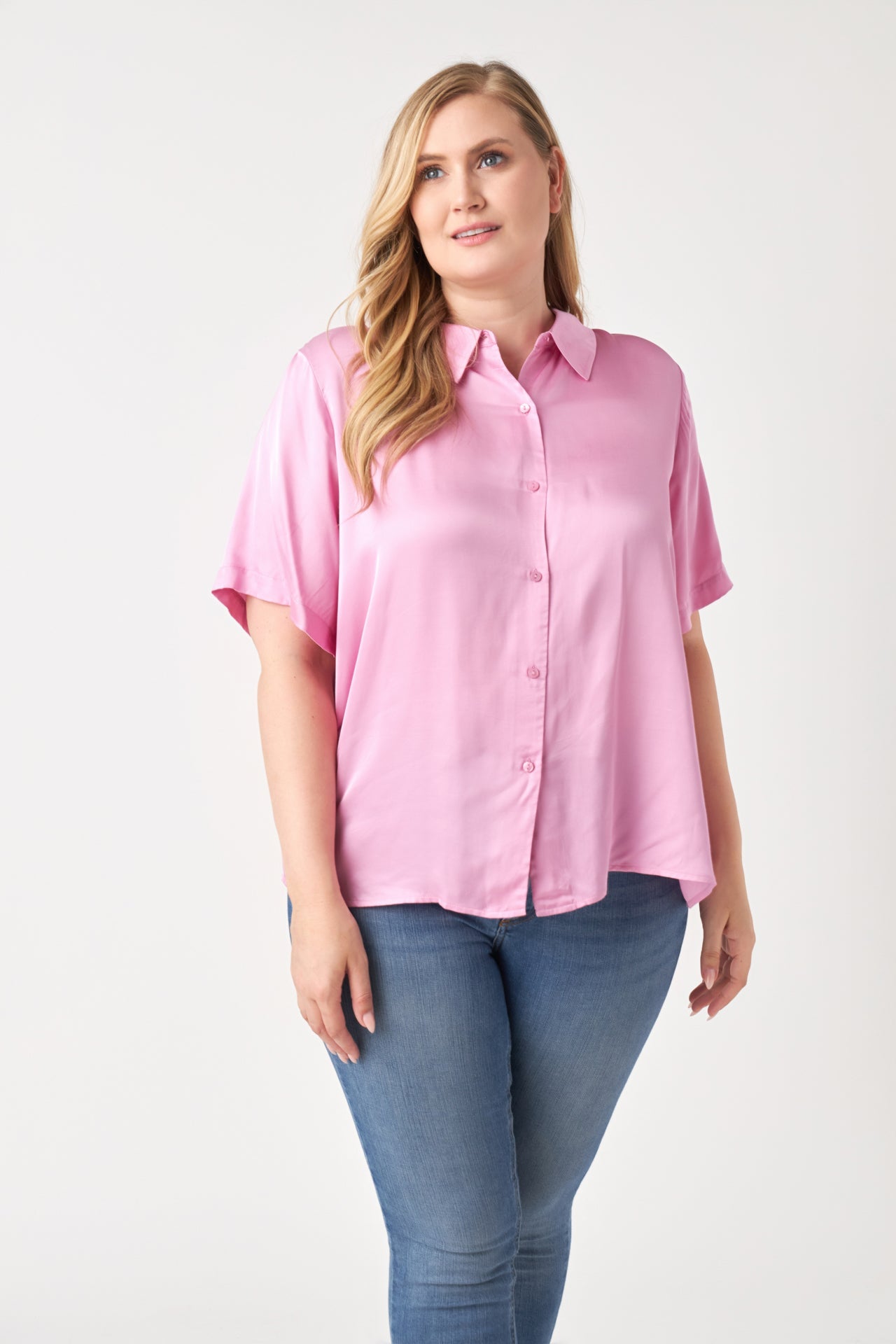 ENGLISH FACTORY - Plus Size Satin Short Sleeve Shirt - SHIRTS & BLOUSES available at Objectrare