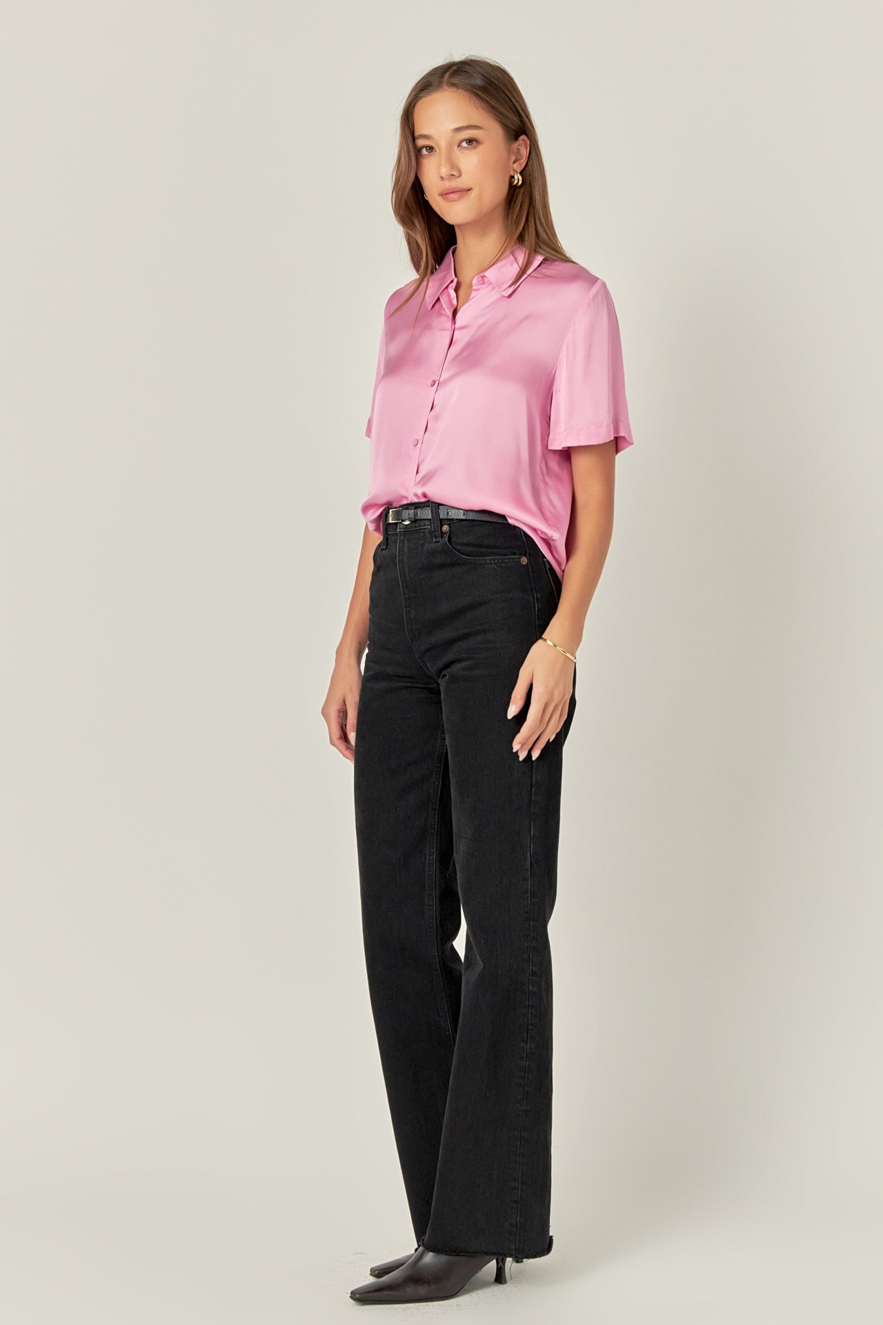 ENGLISH FACTORY - Satin Short Sleeve Shirt - BLOUSES available at Objectrare