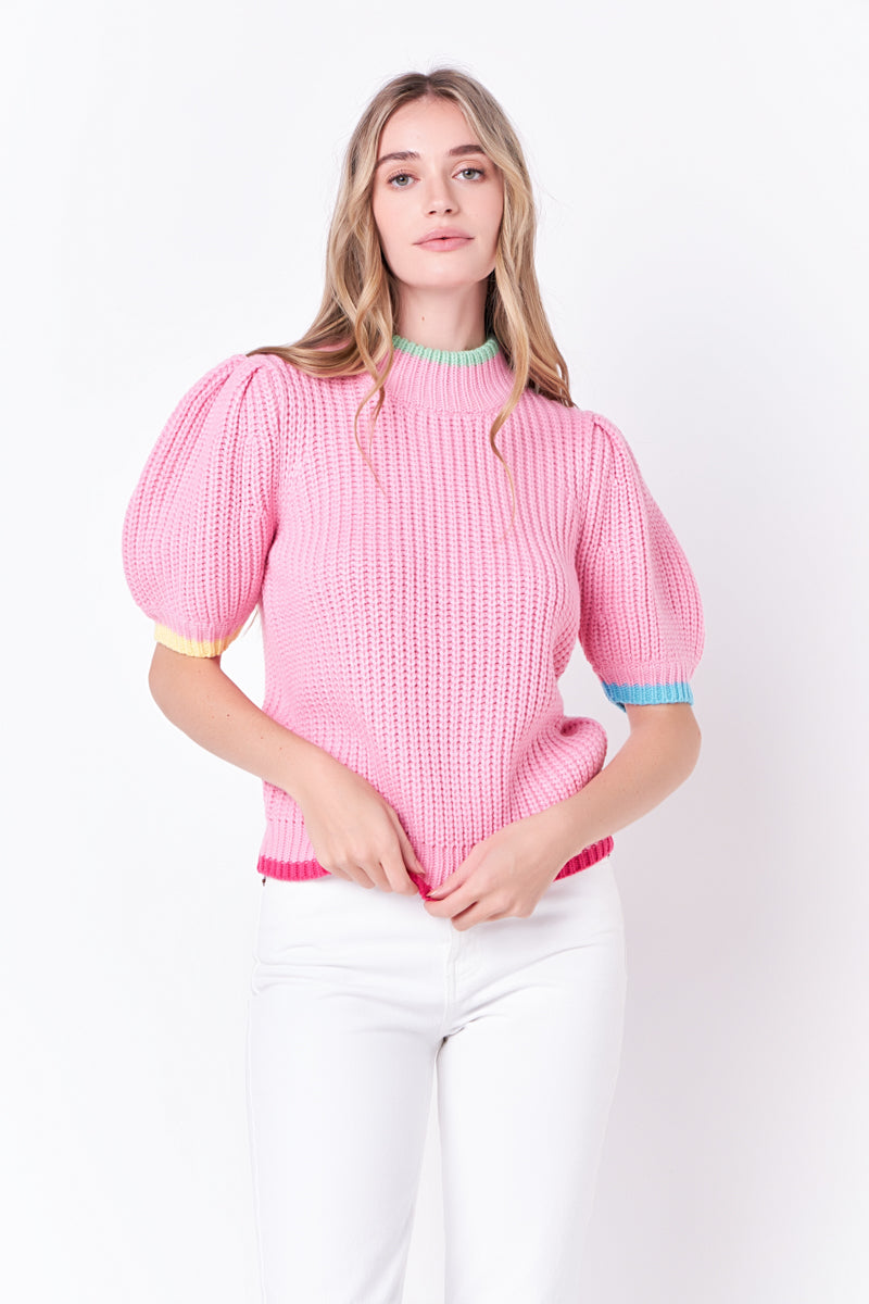 Color Contrast Puff Sleeve Sweater