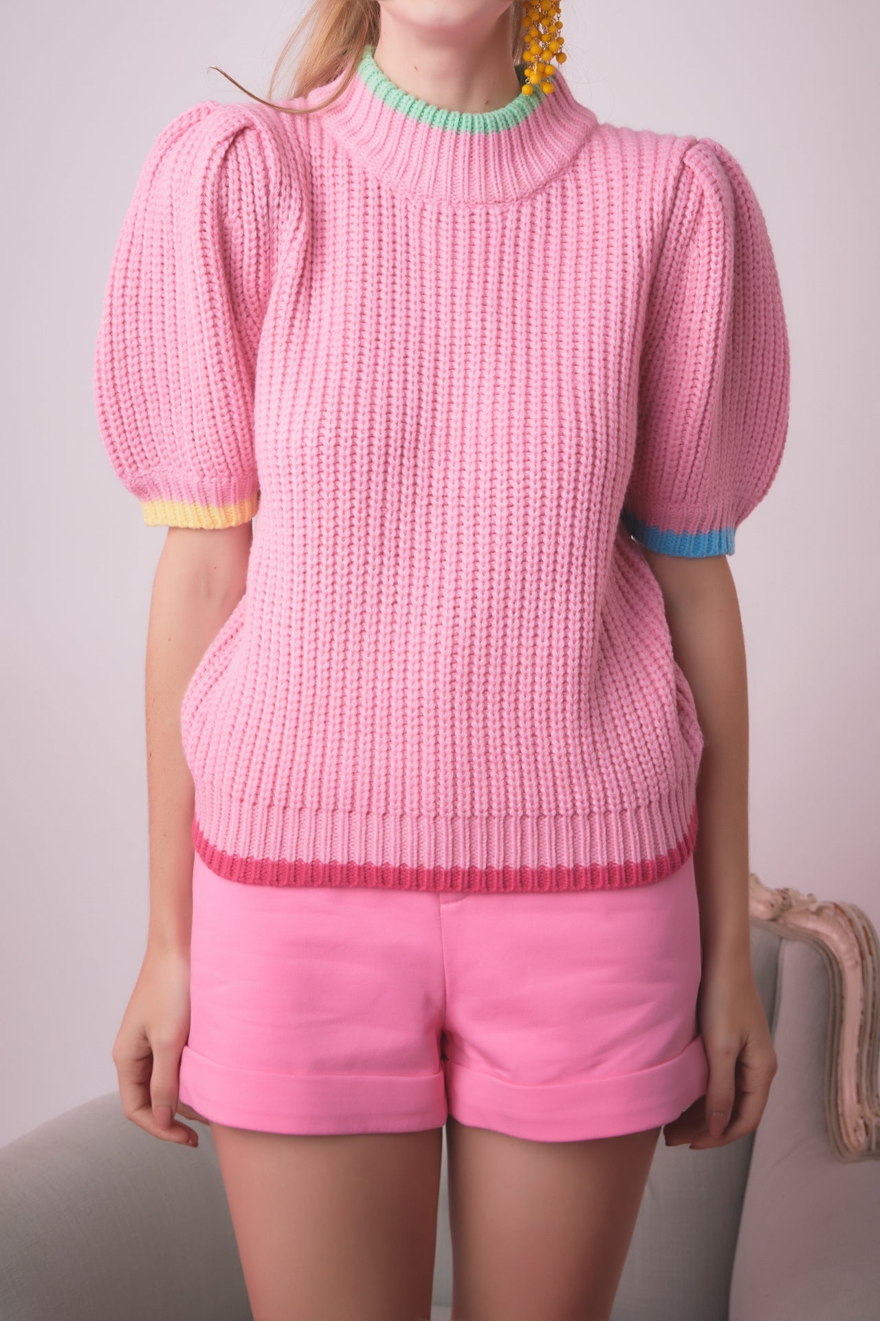 ENGLISH FACTORY - Color Contrast Puff Sleeve Sweater - SWEATERS & KNITS available at Objectrare