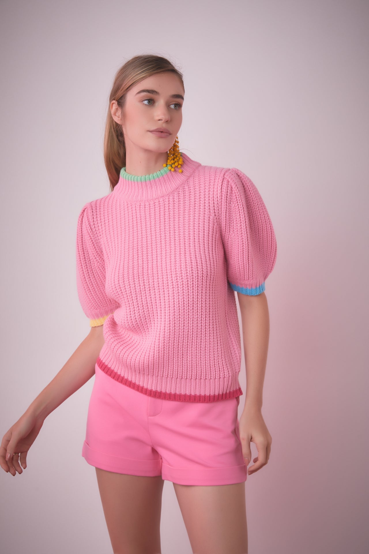 ENGLISH FACTORY - Color Contrast Puff Sleeve Sweater - SWEATERS & KNITS available at Objectrare