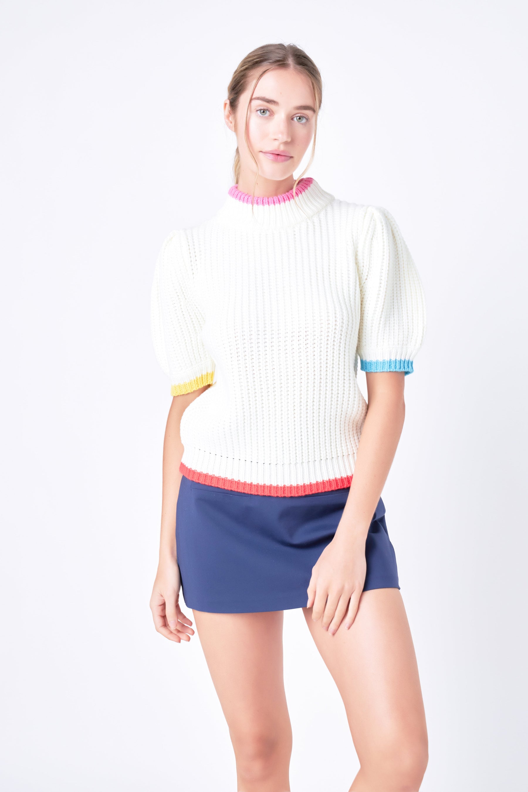 ENGLISH FACTORY - Color Contrast Puff Sleeve Sweater - SWEATERS & KNITS available at Objectrare