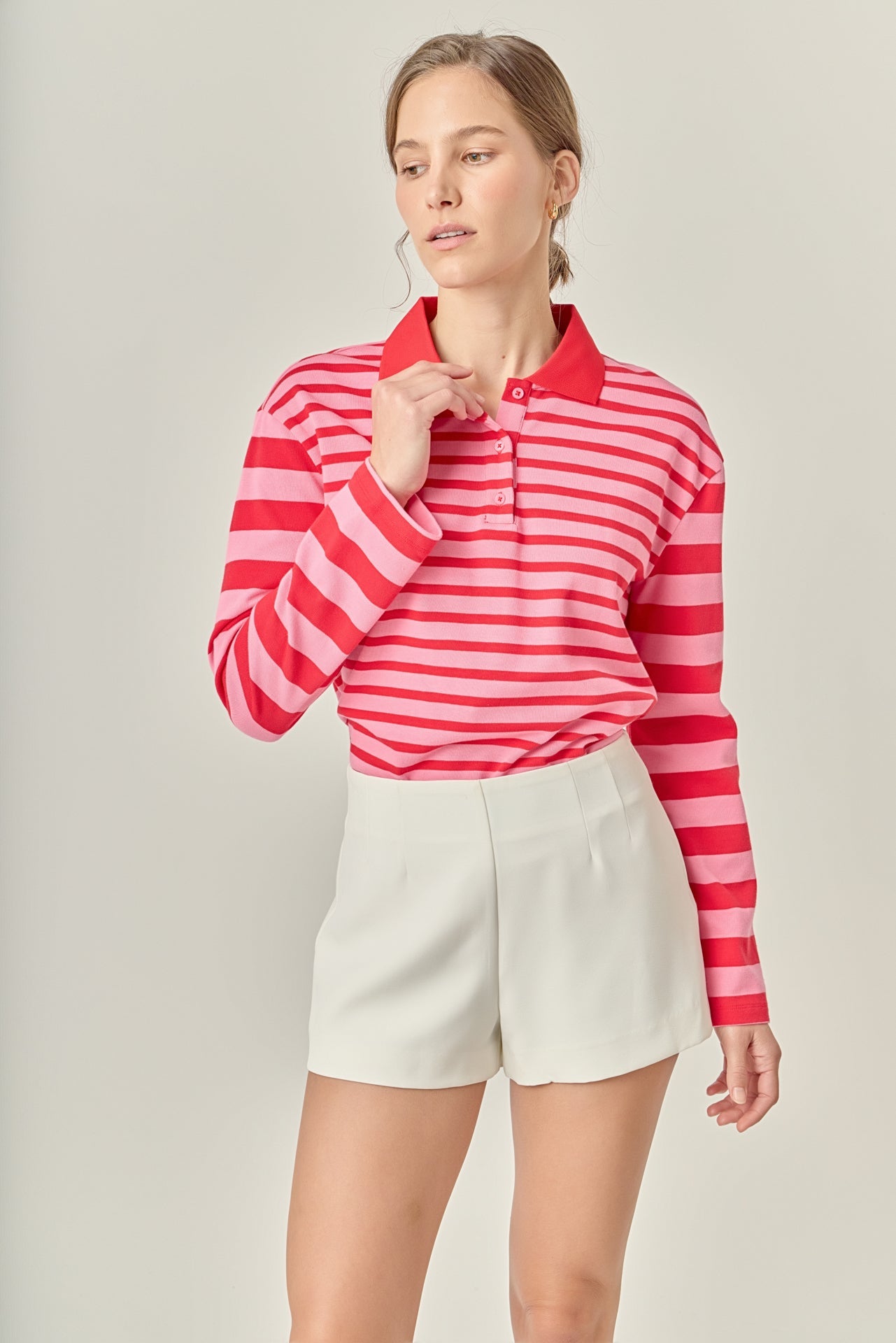 Stripe Long Sleeve Collared Knit Top