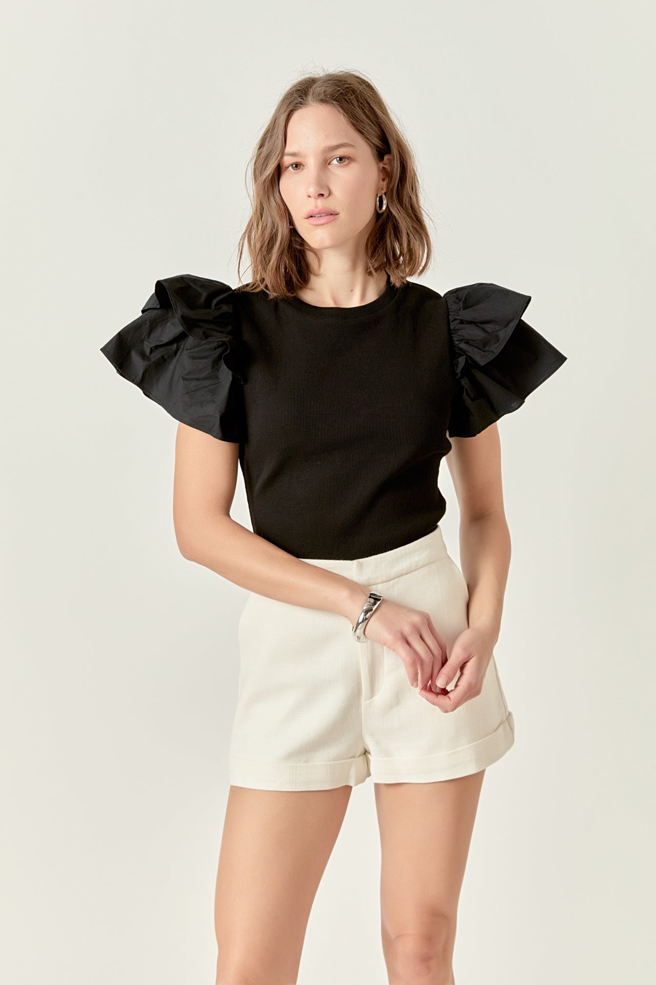 ENGLISH FACTORY - Mixed Media Ruffled Knit Top - TOPS available at Objectrare