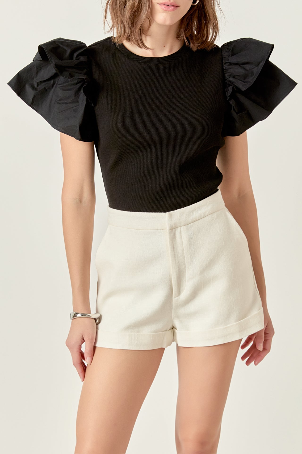 ENGLISH FACTORY - Mixed Media Ruffled Knit Top - TOPS available at Objectrare