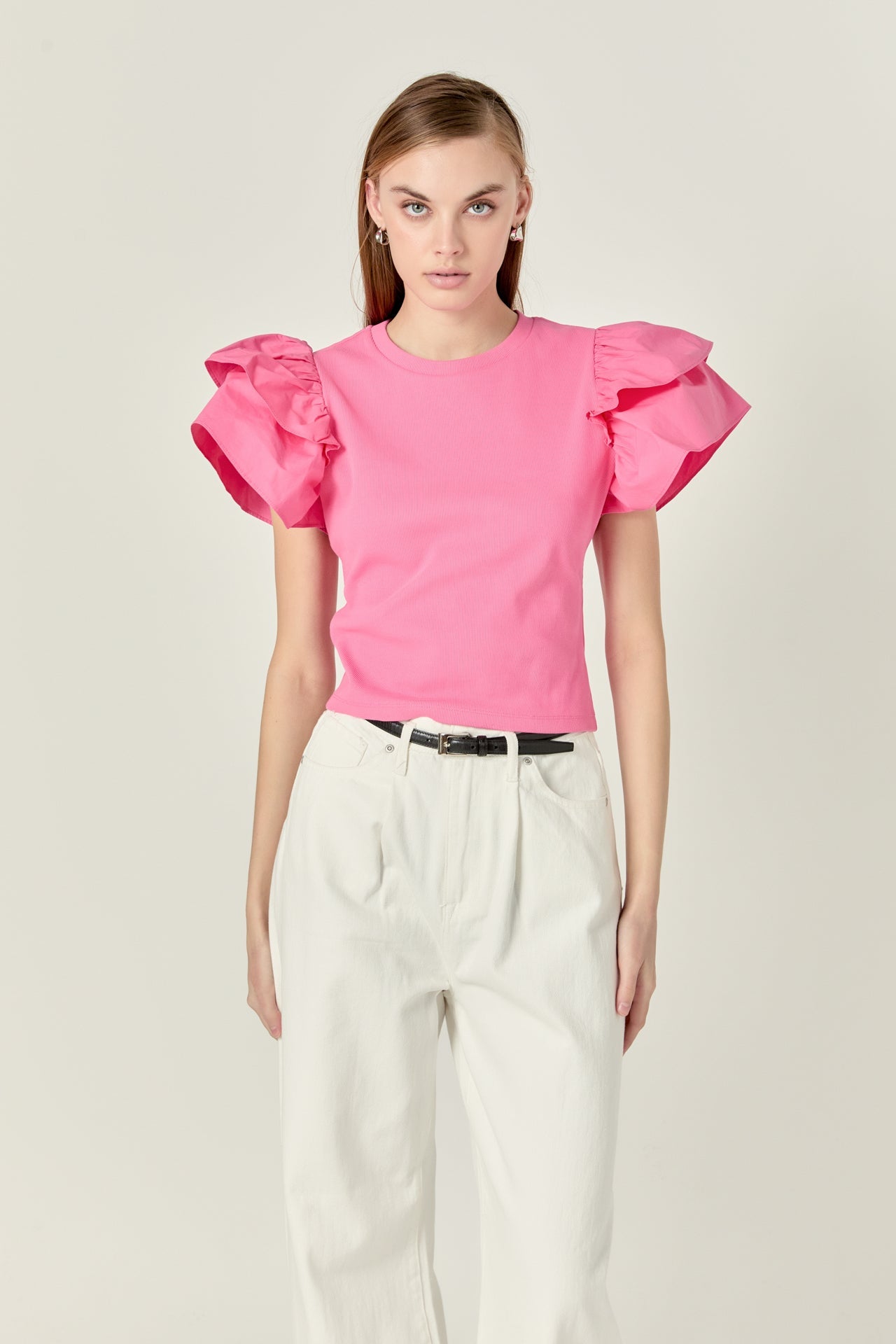 ENGLISH FACTORY - Mixed Media Ruffled Knit Top - TOPS available at Objectrare