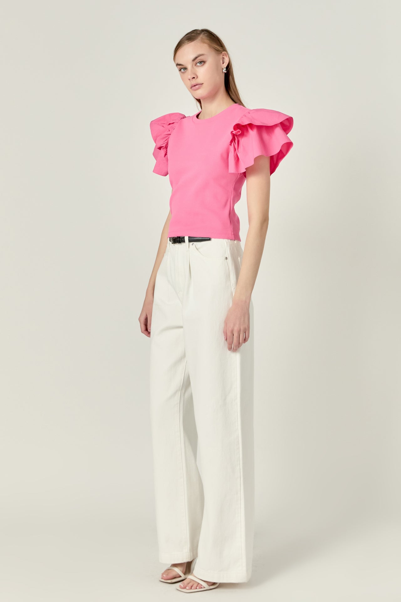 ENGLISH FACTORY - Mixed Media Ruffled Knit Top - TOPS available at Objectrare