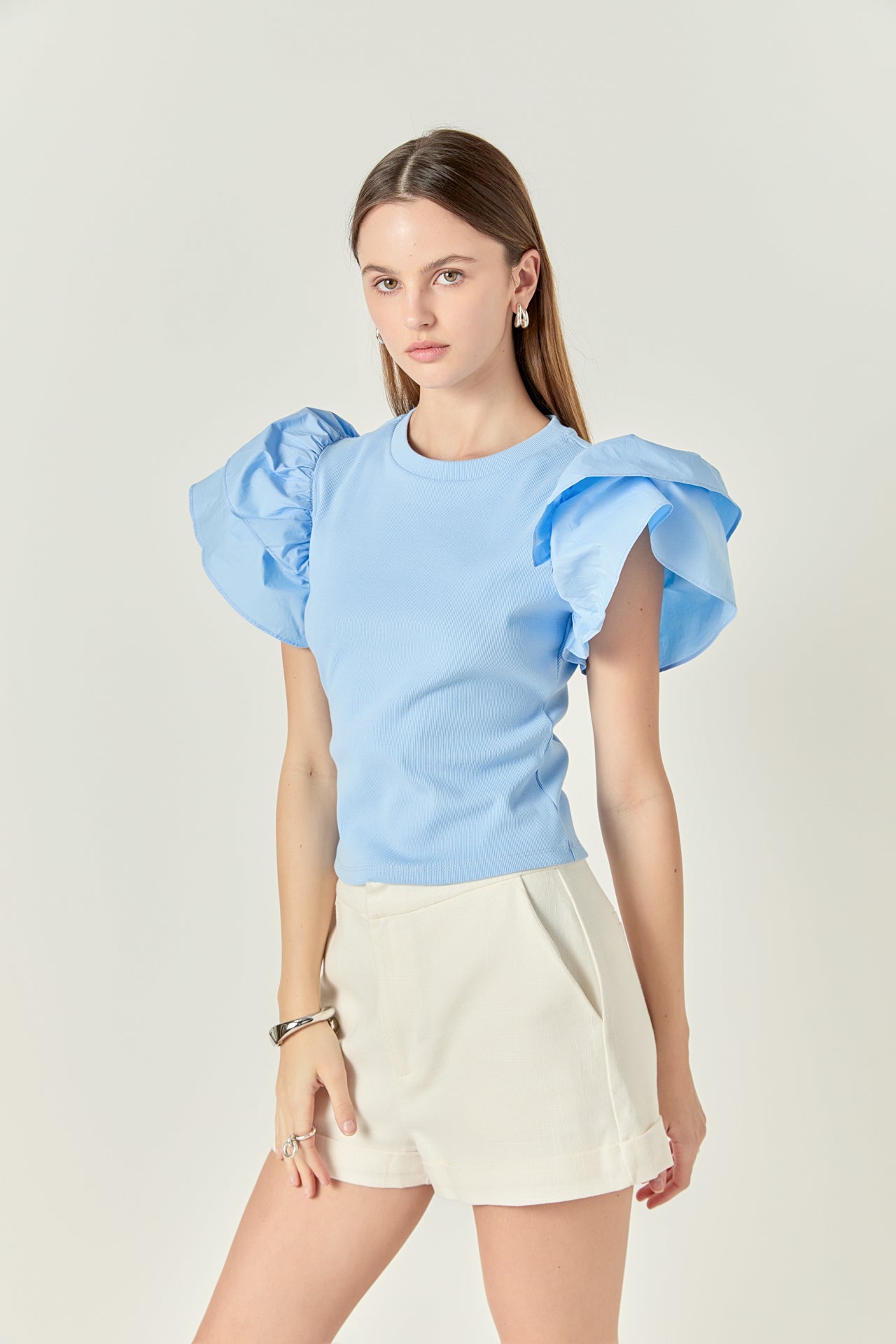 ENGLISH FACTORY - Mixed Media Ruffled Knit Top - TOPS available at Objectrare
