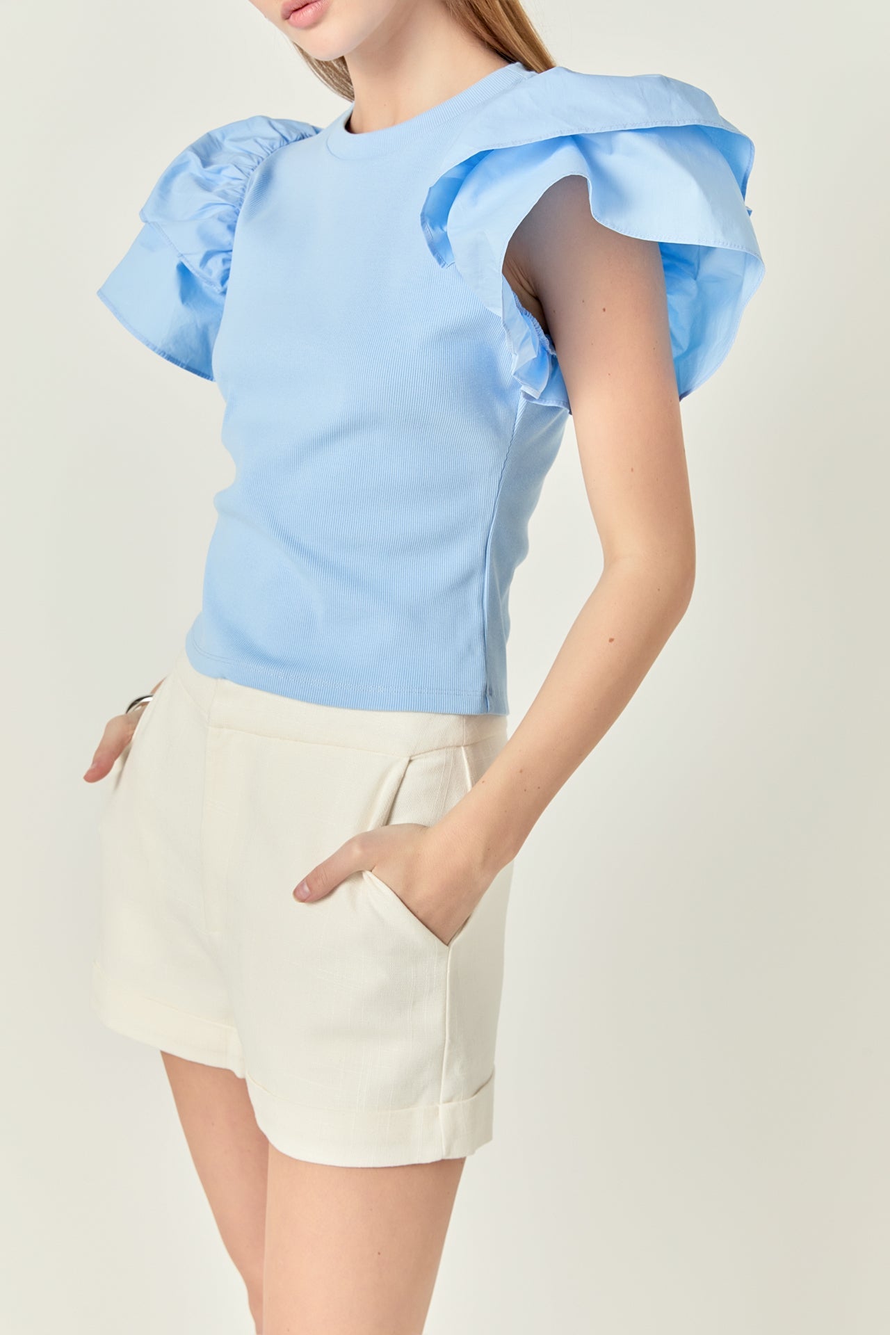 ENGLISH FACTORY - Mixed Media Ruffled Knit Top - TOPS available at Objectrare